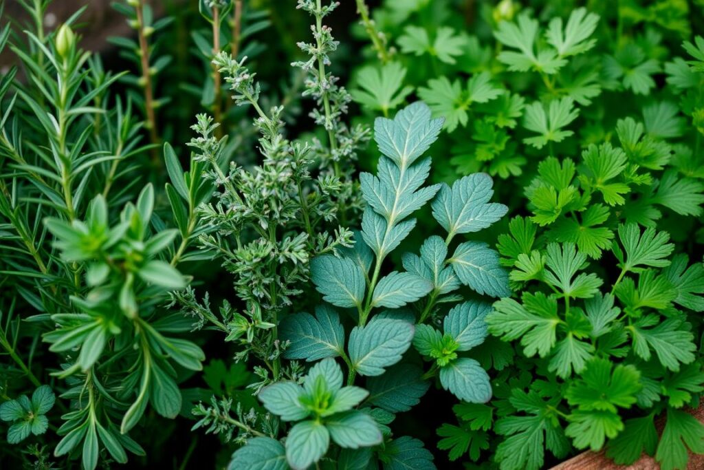Various herbs growing in a productive kitchen garden